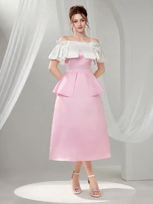 Poshira Elegant Off Shoulder A-Line Evening Gown Dress For Women,Contrast Color Embroidered Design Formal Maxi Dress,Graduation Gift,Summer Body Sequins Dress - Pink - View 4