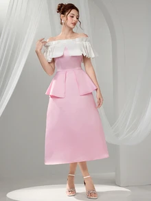 Poshira Elegant Off Shoulder A-Line Evening Gown Dress For Women,Contrast Color Embroidered Design Formal Maxi Dress,Graduation Gift,Summer Body Sequins Dress - Pink - View 2