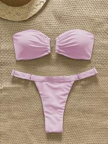 Swim Chiccia Conjunto de bikini de 2 piezas con top bandeaux de unicolor minimalista con decoración de metal y tanga, adecuado para vacaciones de primavera y verano - Rosa - Ver 1
