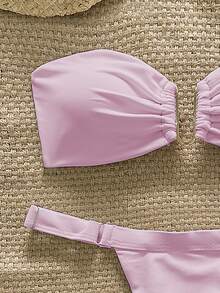 Swim Chiccia Conjunto de bikini de 2 piezas con top bandeaux de unicolor minimalista con decoración de metal y tanga, adecuado para vacaciones de primavera y verano - Rosa - Ver 4