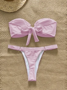 Swim Chiccia Conjunto de bikini de 2 piezas con top bandeaux de unicolor minimalista con decoración de metal y tanga, adecuado para vacaciones de primavera y verano - Rosa - Ver 2