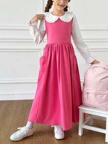 SHEIN Tween Girls Fall Dresses Casual Cute Lovely Peter Pan Collar Ruffle Sleeve 2-In-1 Cinched Waist Dress, Holiday Outfits - Pink - View 6