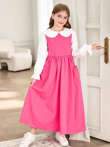 SHEIN Tween Girls Fall Dresses Casual Cute Lovely Peter Pan Collar Ruffle Sleeve 2-In-1 Cinched Waist Dress, Holiday Outfits - Pink - View 3