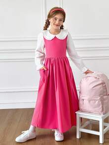 SHEIN Tween Girls Fall Dresses Casual Cute Lovely Peter Pan Collar Ruffle Sleeve 2-In-1 Cinched Waist Dress, Holiday Outfits - Pink - View 5