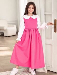 SHEIN Tween Girls Fall Dresses Casual Cute Lovely Peter Pan Collar Ruffle Sleeve 2-In-1 Cinched Waist Dress, Holiday Outfits - Pink - View 1