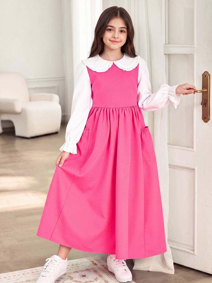 SHEIN Tween Girls Fall Dresses Casual Cute Lovely Peter Pan Collar Ruffle Sleeve 2-In-1 Cinched Waist Dress, Holiday Outfits - Pink - View 1