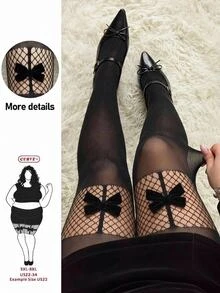 SHEIN CURVE+ Plus Size Bowknot Elegant Sexy Silk Stockings Tights Set Christmas Christmas Party Night Black Summer - Black - View 1