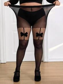 SHEIN CURVE+ Plus Size Bowknot Elegant Sexy Silk Stockings Tights Set Christmas Christmas Party Night Black Summer - Black - View 5