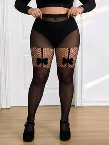 SHEIN CURVE+ Plus Size Bowknot Elegant Sexy Silk Stockings Tights Set Christmas Christmas Party Night Black Summer - Black - View 4