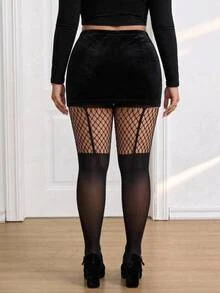 SHEIN CURVE+ Plus Size Bowknot Elegant Sexy Silk Stockings Tights Set Christmas Christmas Party Night Black Summer - Black - View 2