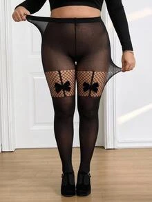 SHEIN CURVE+ Plus Size Bowknot Elegant Sexy Silk Stockings Tights Set Christmas Christmas Party Night Black Summer - Black - View 6