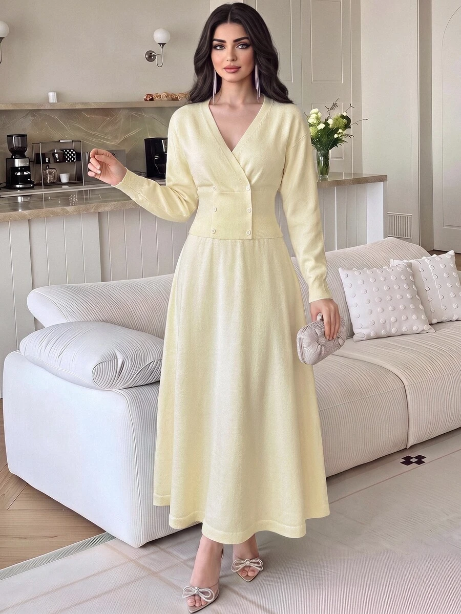 Feyla ملابس منزلية كاجوال للخريف والشتاء بياقة V عميقة وتصميم متقاطع من الأمام مع ثلاثة أزرار وخصر عالي وحافة واسعة - لون مشمشي - مشاهدة 1