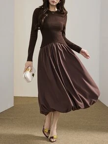 Heiryn Women's Solid Color Round Neck Long Sleeve Elegant Tulip Hem Mid-Length Dress - Brown - View 2