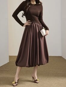Heiryn Women's Solid Color Round Neck Long Sleeve Elegant Tulip Hem Mid-Length Dress - Brown - View 5