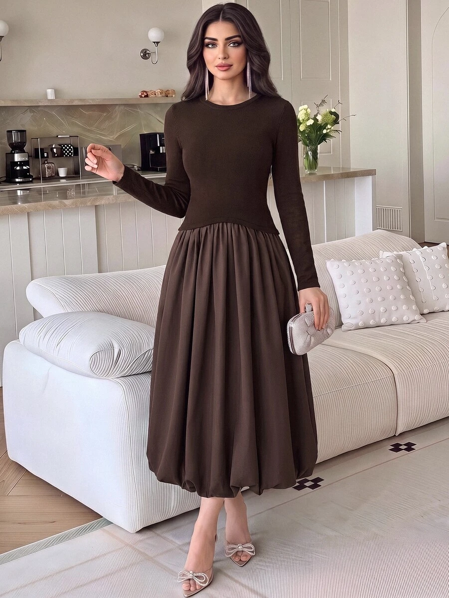 Heiryn Women's Solid Color Round Neck Long Sleeve Elegant Tulip Hem Mid-Length Dress - Brown - View 1