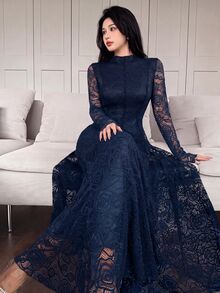 Feyla Elegant Romantic Mature Navy Blue Floral Lace Dress For Women Dinner Date Party Night Cocktail Fall - Navy Blue - View 1