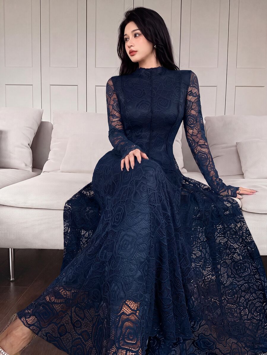 Feyla Elegant Romantic Mature Navy Blue Floral Lace Dress For Women Dinner Date Party Night Cocktail Fall - Navy Blue - View 1