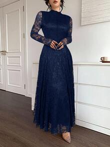 Feyla Elegant Romantic Mature Navy Blue Floral Lace Dress For Women Dinner Date Party Night Cocktail Fall - Navy Blue - View 6
