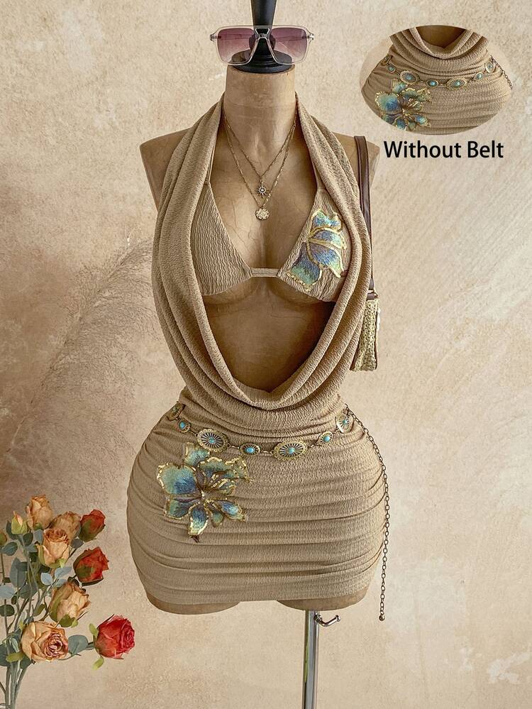 Soleia Women's Floral Sequin Draped Neck Sexy Mini Dress,Summer Dresses For Women - Khaki - View 1