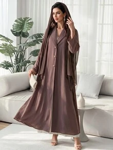 Mulvari رداء عربي طويل للنساء بلون بني سادة، كاجوال محتشم وأنيق ومتعدد الاستخدامات، مناسب للحفلات والمكتب والسهرات والسفر، للخريف - بني - مشاهدة 1