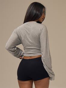 MUSERA ESSENTIALS Marl Grey Cinched Waist Long Sleeve Fitted Top Basics Fall Autumn Winter Casual City Break - Light Grey - View 4