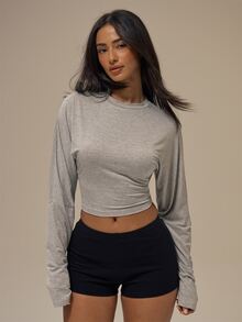 MUSERA ESSENTIALS Marl Grey Cinched Waist Long Sleeve Fitted Top Basics Fall Autumn Winter Casual City Break - Light Grey - View 2