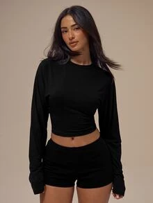 MUSERA ESSENTIALS Black Fitted Cinched Waist Long Sleeve Cropped Top Autumn Winter Fall Basics Casual City Break Essential - Black - View 2