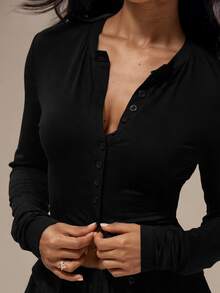 MUSERA ESSENTIALS Marl Grey Button Up Front Placket Crew Neckline Fitted Long Sleeve Slim Fit Top Basics Loungewear Casual Everyday Essentials - Black - View 5