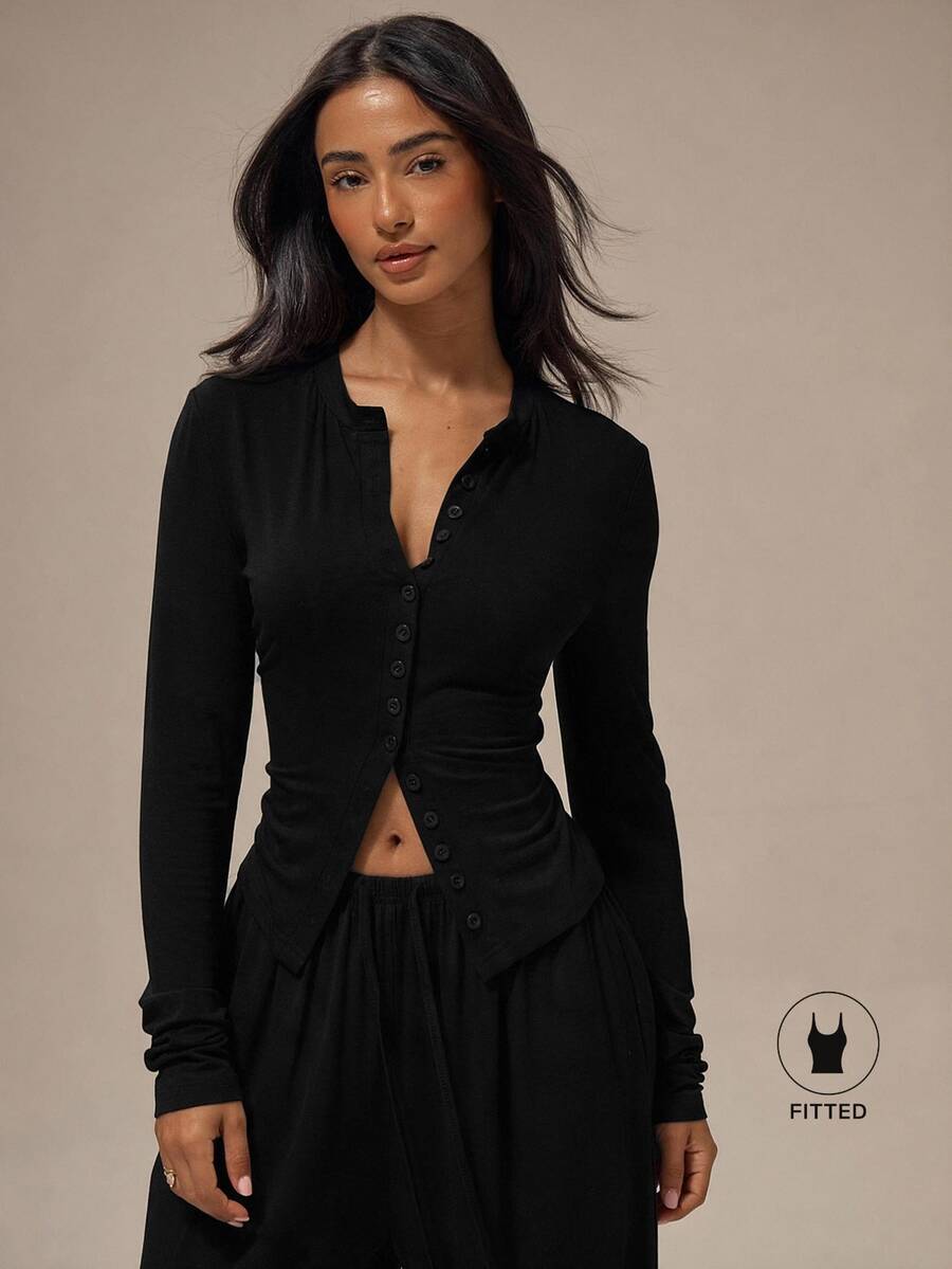 MUSERA ESSENTIALS Marl Grey Button Up Front Placket Crew Neckline Fitted Long Sleeve Slim Fit Top Basics Loungewear Casual Everyday Essentials - Black - View 1