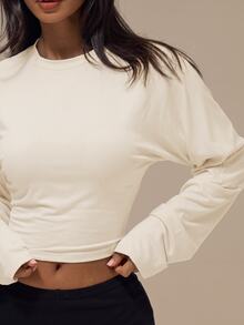 MUSERA ESSENTIALS Cream Long Sleeve Cinched Waist Cropped Top Basics Casual City Break Autumn Fall Winter Essentials - Cream - View 5