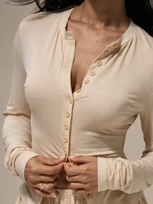 MUSERA ESSENTIALS Marl Grey Button Up Front Placket Crew Neckline Fitted Long Sleeve Slim Fit Top Basics Loungewear Casual Everyday Essentials - Cream - View 5
