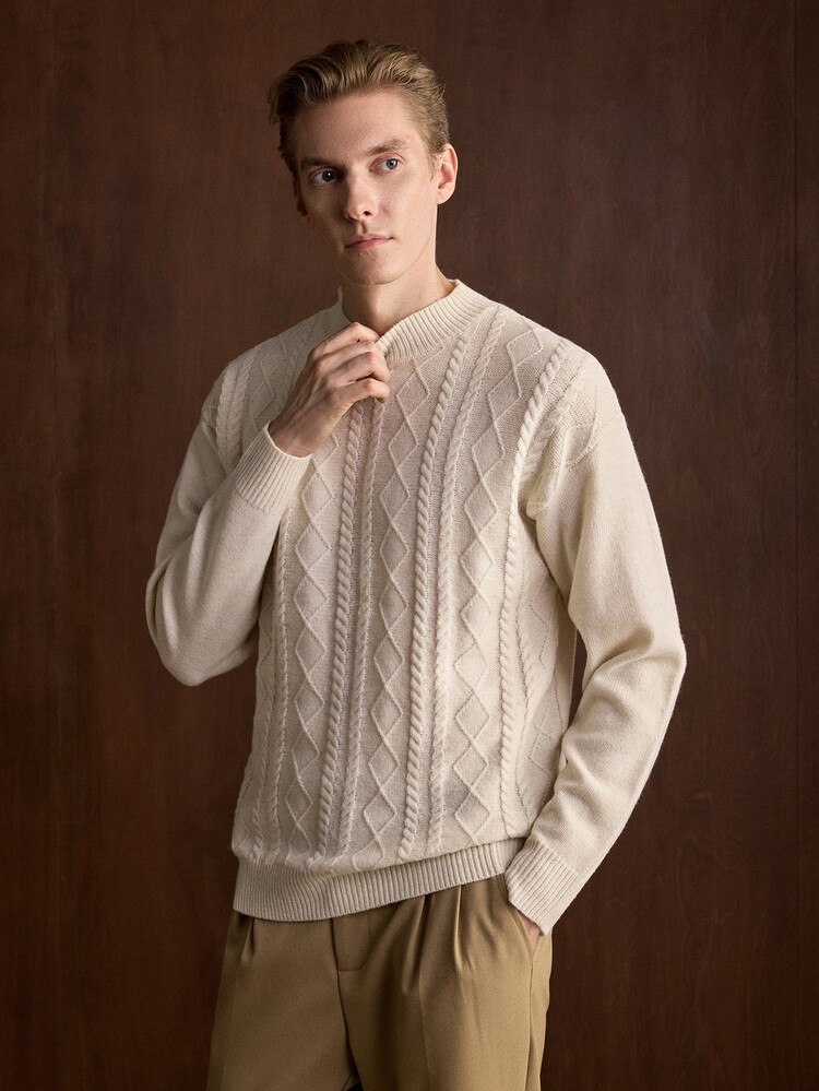 Formmaro Men's Half-High Neck Long Sleeve Lazy Pullover Sweater, Casual Knit Autumn/Winter Clothing, Beige/Apricot Loose Fit Fashionable Versatile 3D Pattern Long Sleeve Pullover Sweater - Apricot - View 1