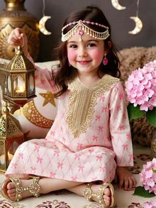 SHEIN Pink,Autumn,Elegant,Party Traditional Arabic Long Sleeve Butterfly Print Embroidered Collar Baby Girl Dresses - Multicolor - View 2