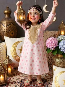 SHEIN Pink,Autumn,Elegant,Party Traditional Arabic Long Sleeve Butterfly Print Embroidered Collar Baby Girl Dresses - Multicolor - View 6