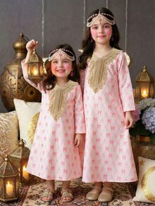 SHEIN Pink,Autumn,Elegant,Party Traditional Arabic Long Sleeve Butterfly Print Embroidered Collar Baby Girl Dresses - Multicolor - View 7