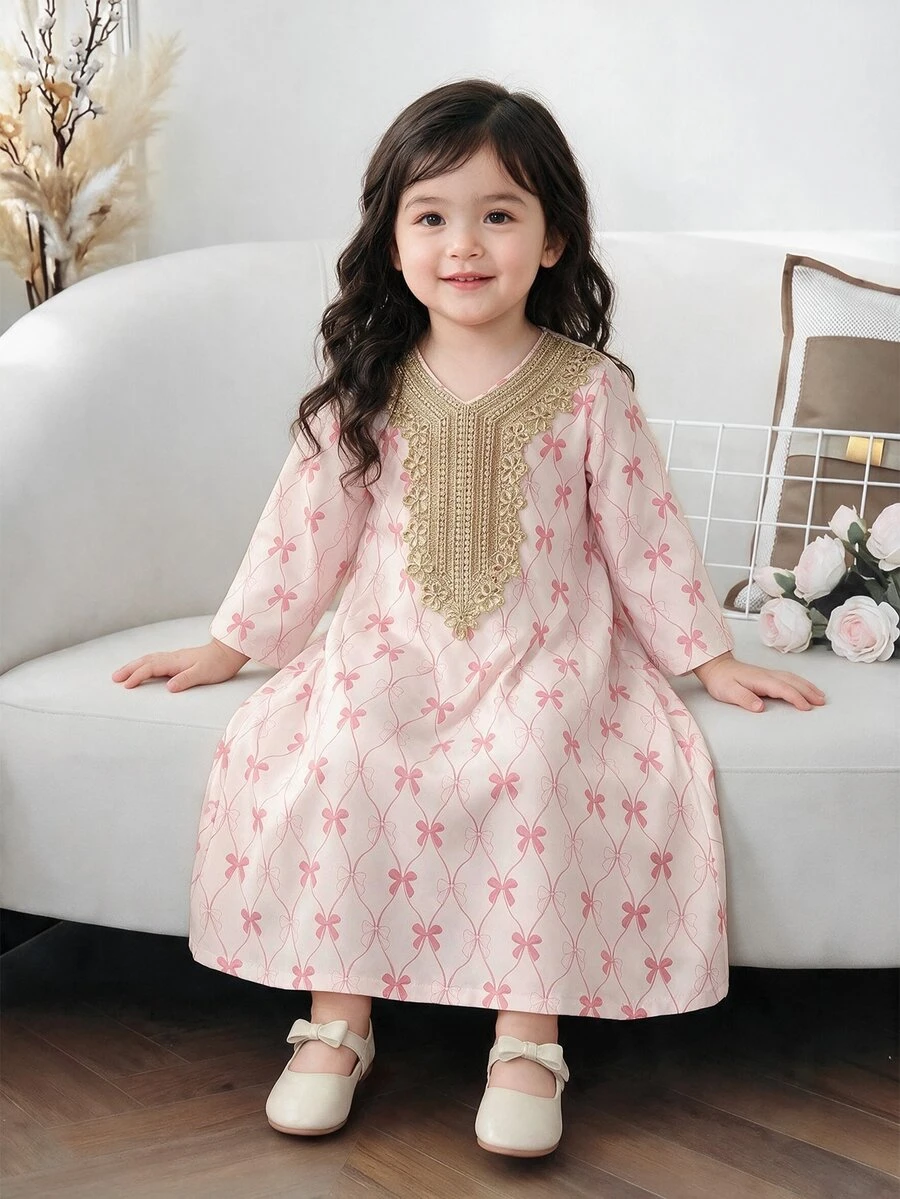 SHEIN Pink,Autumn,Elegant,Party Traditional Arabic Long Sleeve Butterfly Print Embroidered Collar Baby Girl Dresses - Multicolor - View 1