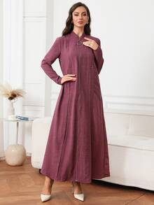 Al Najma 女款優雅端莊休閒極簡拉鍊刺繡百褶鈕扣阿拉伯風洋裝 正式辦公晨間晚間穿著 粉色秋季 - 紫色 - 查看 5