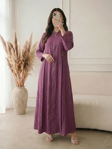 Al Najma 女款優雅端莊休閒極簡拉鍊刺繡百褶鈕扣阿拉伯風洋裝 正式辦公晨間晚間穿著 粉色秋季 - 紫色 - 查看 8