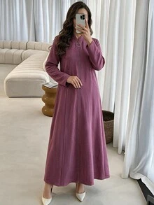 Al Najma 女款優雅端莊休閒極簡拉鍊刺繡百褶鈕扣阿拉伯風洋裝 正式辦公晨間晚間穿著 粉色秋季 - 紫色 - 查看 1