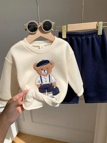 SHEIN 男女嬰兒/男嬰 2件組秋冬休閒可愛熊圖案拼接刺繡運動衫與長褲套裝，運動衫套裝 - 藏蓝色 - 查看 3