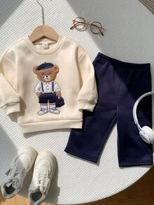 SHEIN 男女嬰兒/男嬰 2件組秋冬休閒可愛熊圖案拼接刺繡運動衫與長褲套裝，運動衫套裝 - 藏蓝色 - 查看 7