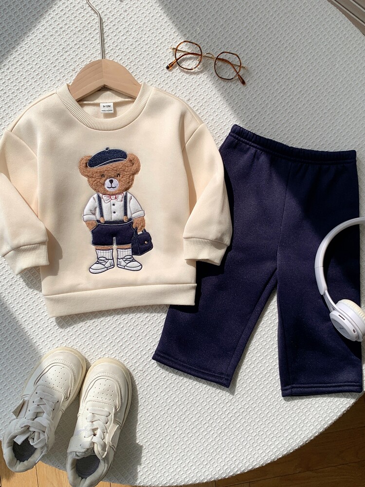 SHEIN Unisex Baby Boy/Girl Baby Boy 2pcs Autumn/Winter Casual Cute Bear Patchwork Embroidery Pattern Sweatshirt And Pants Set, Sweatshirt Set - Navy Blue - View 7