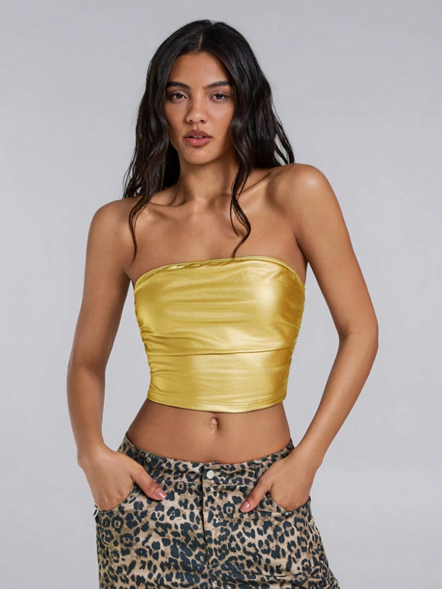 TypaGal Women's Metallic Pleated Bandeau Top