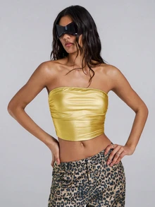 TypaGal Women's Metallic Pleated Bandeau Top - Gold - View 6