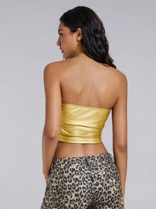 TypaGal Women's Metallic Pleated Bandeau Top - Gold - View 3