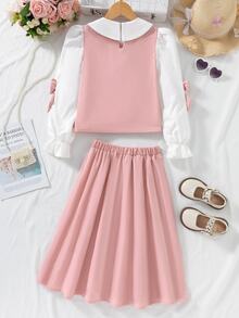 SHEIN Tween Girl Colorblock Bow Decor Shirt & Skirt Set Fall Winter,Back-To-School Girls Clothing - Multicolor - View 3