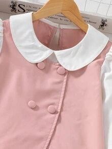 SHEIN Tween Girl Colorblock Bow Decor Shirt & Skirt Set Fall Winter,Back-To-School Girls Clothing - Multicolor - View 8