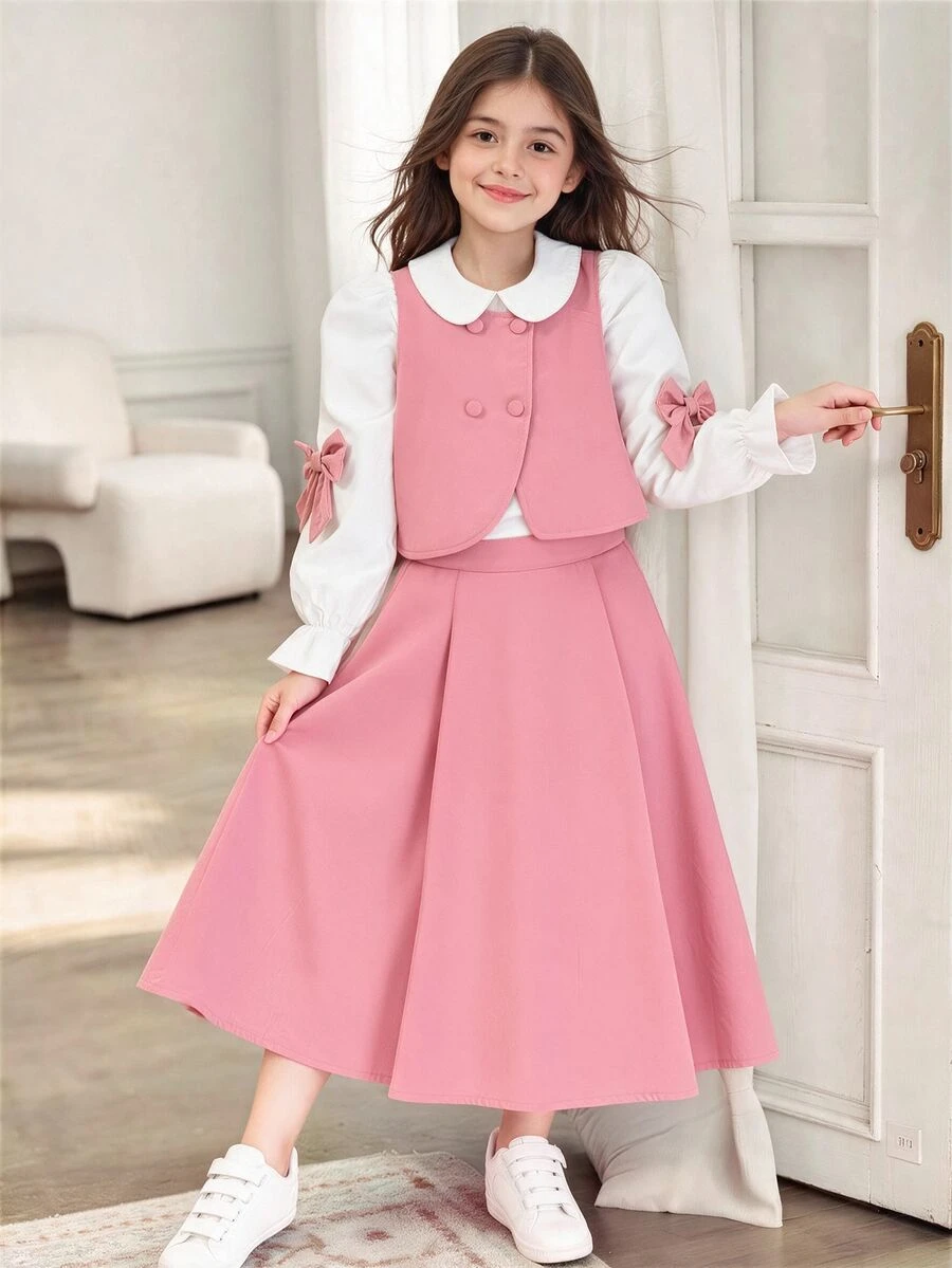 SHEIN Tween Girl Colorblock Bow Decor Shirt & Skirt Set Fall Winter,Back-To-School Girls Clothing