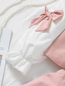 SHEIN Tween Girl Colorblock Bow Decor Shirt & Skirt Set Fall Winter,Back-To-School Girls Clothing - Multicolor - View 6