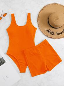 SHEIN Swim Traje de baño sólido de una pieza acanalado para playa en verano con shorts de playa - Naranja - Ver 4